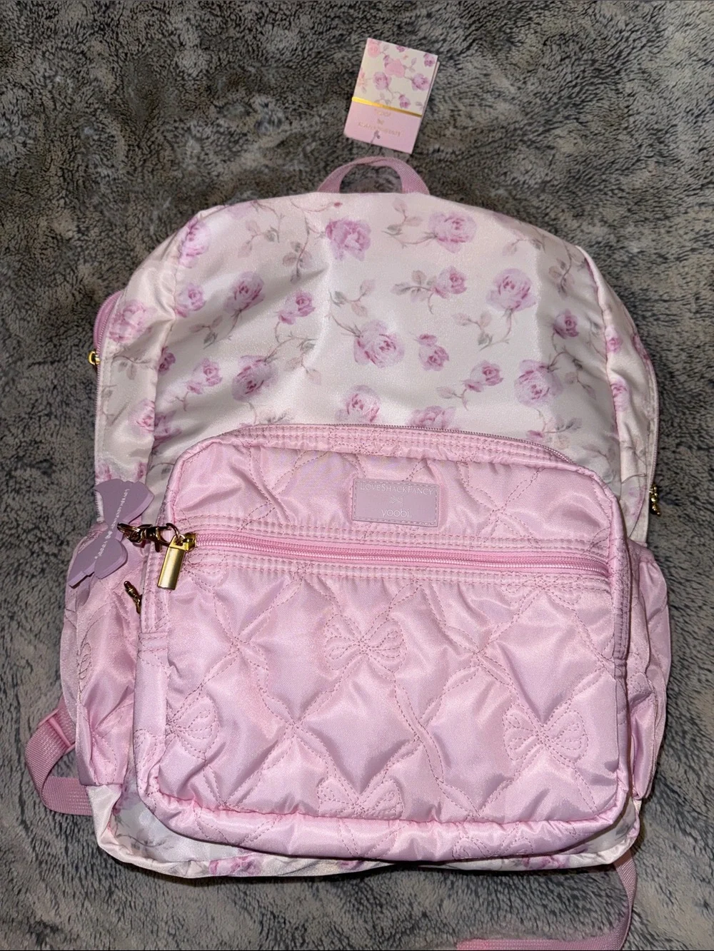 LoveShackFancy Pink Floral Quilted Kids Backpack with Gold Accents
